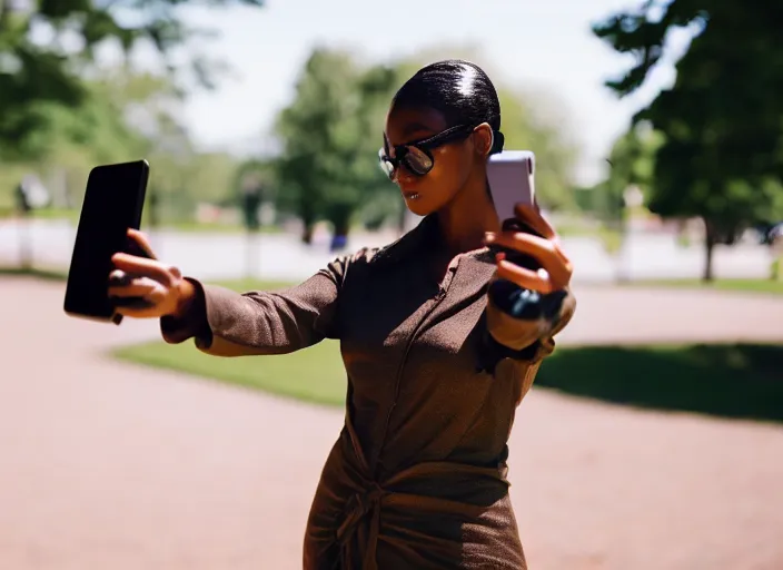 Image similar to photo still of a bronze statue of a woman using an iphone to take a selfie in a park on a bright sunny day, 8 k 8 5 mm f 1 6