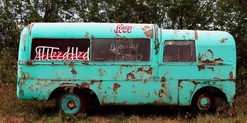 Prompt: an abandoned ice cream truck from the 6 0 s, with the words free ice cream and a logo for the ice cream company algida