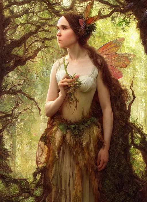 Image similar to portrait ellen page as fairy in the wood, full length shot, shining, 8k highly detailed, sharp focus, illustration, art by artgerm, mucha, bouguereau