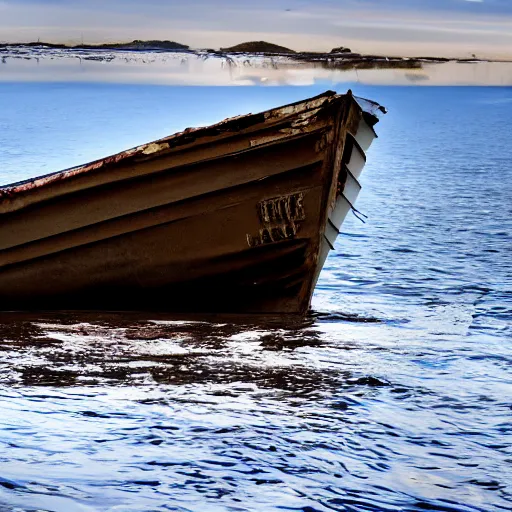 Image similar to incredibly detailed image of wrecked boat on shoreline, backlighting