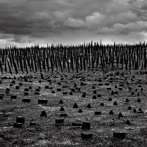 Image similar to radioactive spike field, monolithic stone spikes, creepy monotone black and white lighting, post nuclear fallout, desolate, no life, high resolution, old photo,