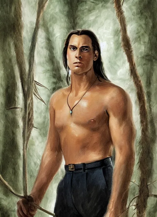 Prompt: Tarzan with long dark brown slicked back hair shoulder length slicked back hair, with pearl necklace and pearl earing, in the museum, in white turtleneck shirt, Tarzan, painting in the museum, highly detailed, sharp focus, digital painting