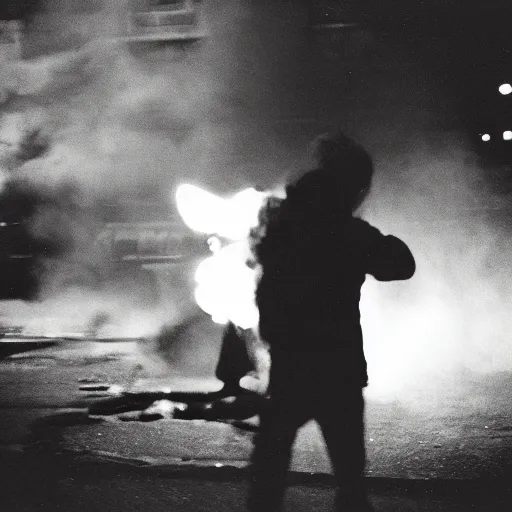 Prompt: A grainy underexposed Fujifilm 200 photograph of a vagrant exploding