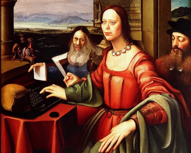 Image similar to realistic renaissance oil painting of a computer