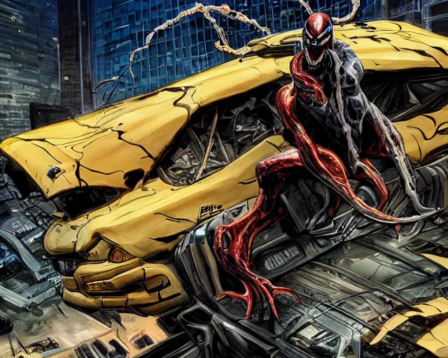 Prompt: Venom standing on top of a wrecked car in the city, open arms art by Clayton Crain and Gerardo Sandoval, Ultra detailed