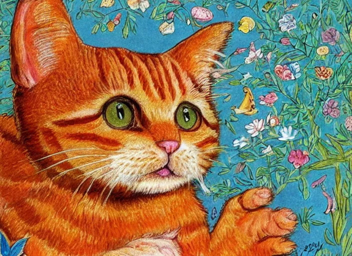 Prompt: a small ginger tabby cat by dr. seuss and louis wain