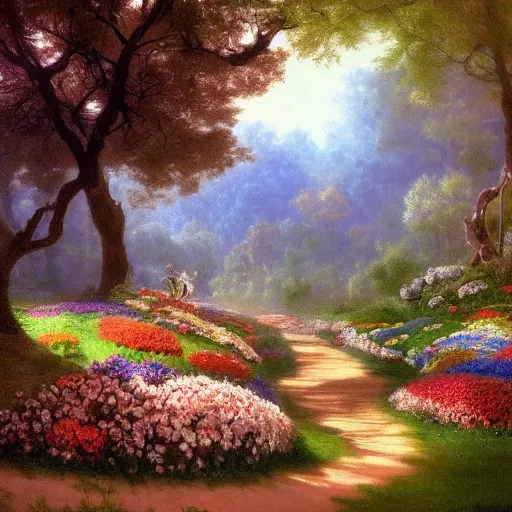 Prompt: a landscape full of flowers and colors in the style of alice in wonderland, by albert bierstadt, trending on artstation, hdr