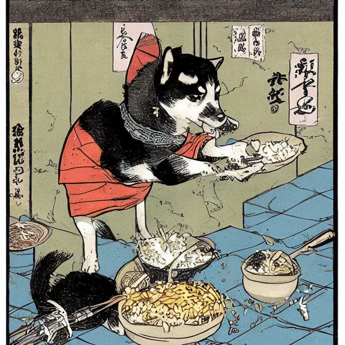 Image similar to comic book artwork of a shiba inu samurai eating a bowl of rice