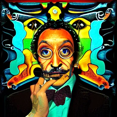 Image similar to portrait of a uncanny artist by Chor Boogie and Salvador Dali collaboration, digital art, mix of aesthetics, close up, high details