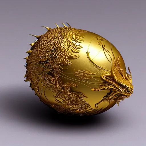 Prompt: an elaborate dragon egg emerging from the blossom of a metallic gold flower with tendrils of gold wrapping around the egg, fantasy concept art