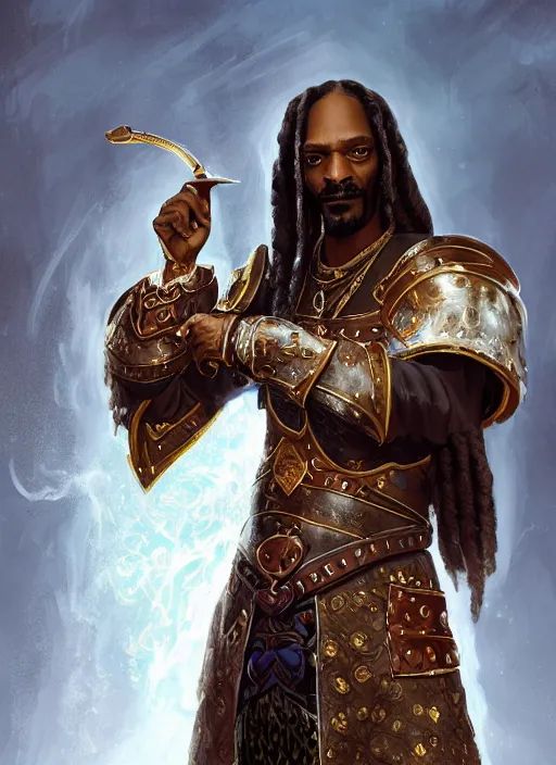 Image similar to snoop dogg as a mage, short beard, grumpy, plate armor, Ivan Aivakovsky, Boris Vallejo, epic fantasy character art, D&D Concept Art, full length, ultra Realistic, Regal, Refined, Detailed Digital Art, Exquisite detail, post-processing, masterpiece, Cinematic Lighting, Unreal Engine, 8k, HD,