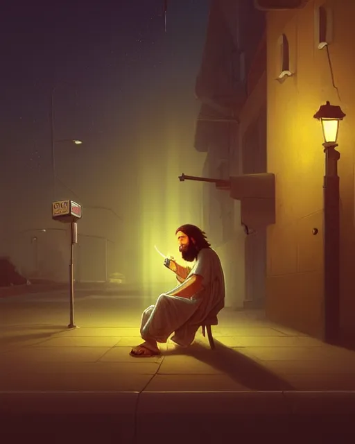 Image similar to highly detailed vfx portrait of jesus smoking a cigarette under a street light, unreal engine, greg rutkowski, loish, rhads, beeple, makoto shinkai and lois van baarle, ilya kuvshinov, rossdraws, tom bagshaw, alphonse mucha, global illumination, detailed and intricate environment