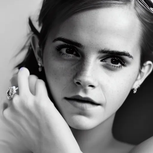 Prompt: emma watson with jewellary crown queen, sensual, beautiful soft light failling on her face, studio photography, nikon 3 5 mm portrait photography, ultra realistic