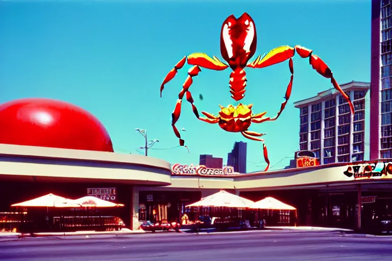 Image similar to 2 0 1 5 giant crab terrorizing a city, googie architecture, americana, fishcore, exterior photography, hd 8 k, photography cinestill