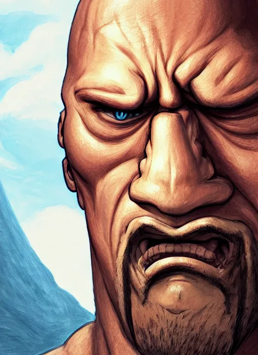 Image similar to centered!! macro head portrait of medieval sneezing king dwayne johnson, artstation, detailed cartoon, elegant, digital painting, concept art, smooth, sharp focus, illustration, ghibli, makoto shinkai, don bluth, fujita goro, jean giraud, akihiko yoshida, tom whalen 8 k