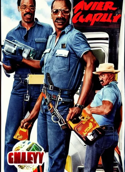 Image similar to an 8 0's john alvin action movie poster starring eddie murphy face as a plumber to rich people. bathroom. overalls. tool belt. the movie is called beverly hills crap