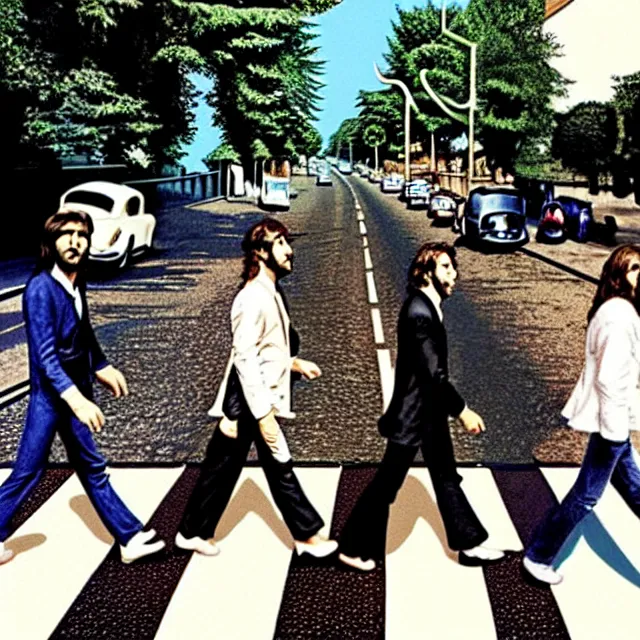 Image similar to the beatles abbey road album cover in the style of google street view