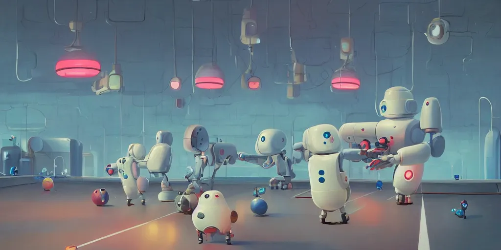 Prompt: cute robots in a bowling alley by Goro Fujita and Simon Stalenhag , 8k, trending on artstation, hyper detailed, cinematic