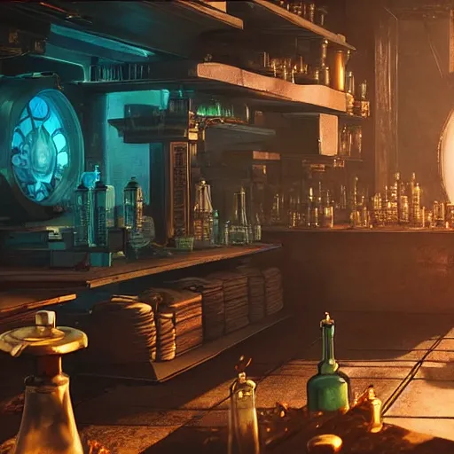 Prompt: cyberpunk alchemy laboratory full of potions, ciri from the witcher. stunning 3 d render, flesh texture, realistic, highly detailed attributes and atmosphere, dim volumetric cinematic lighting, 8 k octane detailed render, post - processing, masterpiece, rtx on, rendering on unreal engine