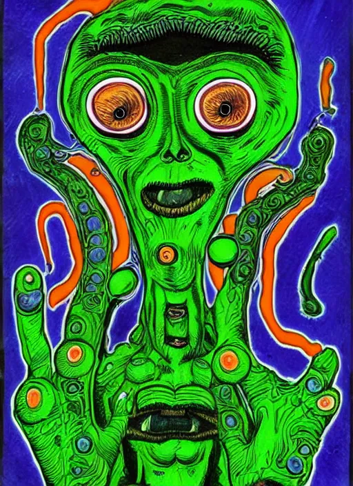 Image similar to a crazy alien art horror portrait, which has weird stretched out eyes and a misshapen mouth, green skin and orange background, art brut by a psycho man, full color crazy outsider outsider art