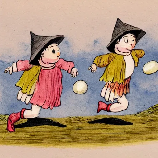 Prompt: two orphans with hats and middle ages simple clothes holding eggs with their arms, orphans running from a flying angry chicken, illustration for children, bright faded watercolor on grainy paper,. accurate anatomy. symmetry.