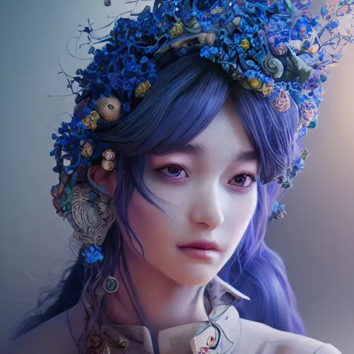 Image similar to the portrait of a blueberry that resembles an absurdly beautiful, graceful, elegant, sophisticated girl, an ultrafine hyperdetailed illustration by kim jung gi, irakli nadar, intricate linework, bright colors, octopath traveler, final fantasy, unreal engine 5 highly rendered, global illumination, radiant light, detailed and intricate environment