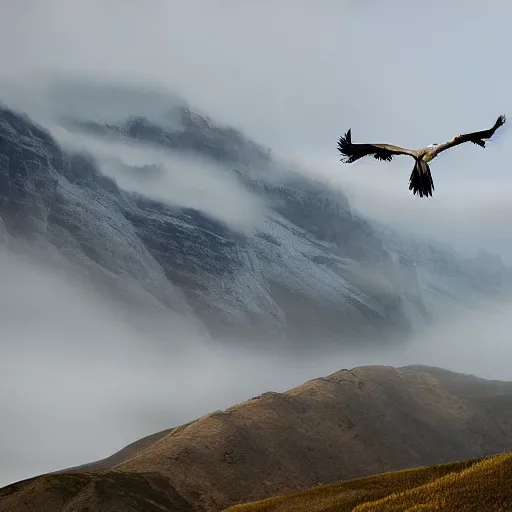 Image similar to a giant roc, with bright plumage soaring over mountains covered in mist, wildlife photography, 7 2 mm lens, national geographic award winning