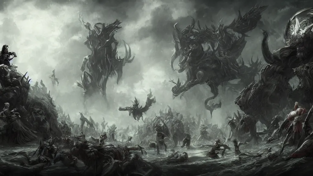 Image similar to battle between gods and humans, dark fantasy artwork, award winning, devastated scenario, artstation