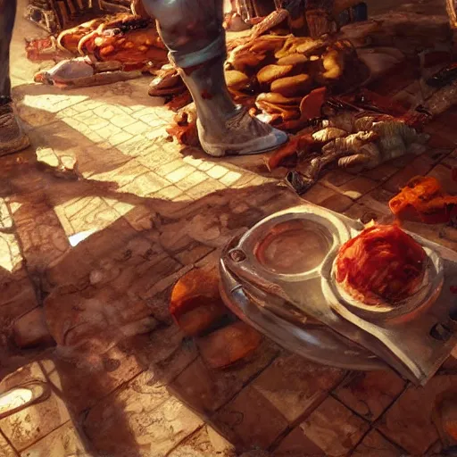 Image similar to low angle, butcher working, artwork by craig mullins, high details, octane, unreal engine, low angle!!!!, from below, worms - eye - view