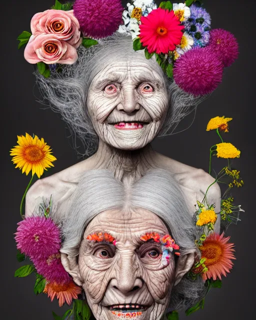 Image similar to a portrait of a fleshy old woman with a sly smile, covered in flowers in the style of guiseppe arcimboldo and james jean, covered in wispy gray hair with a hint of neon, hd 3 d, 8 k