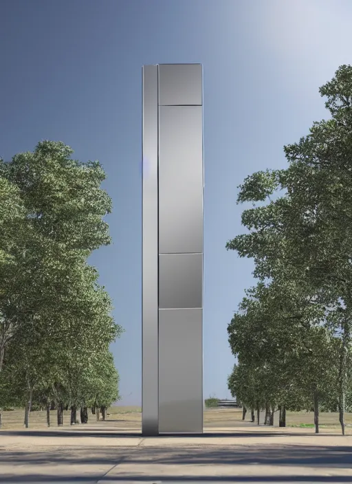Image similar to highly detailed realistic architecture 3 d render of a mirrored stele monument in frank gahry style standing on a side of a highway, archdaily, made in unreal engine 4 octane render