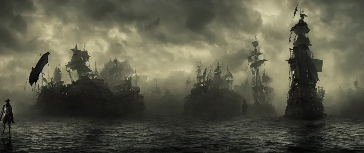 Image similar to a pirate standing on his ship a giant monster craft merging out of the water, beautiful dramatic moody lighting, cinematic atmosphere, high detail, 8k, ornate, dark fantasy, masterpiece, complex, film still from the movie directed by Denis Villeneuve with art direction by Gregory Crewdson, Joel Sternfeld