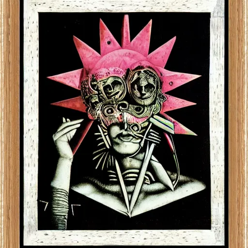 Image similar to post - punk new age album cover, asymmetrical design, frame of a dollar bank notes, capitalism, magic, apocalypse, psychedelic, black white pink, magic, giger h. r., giuseppe arcimboldo