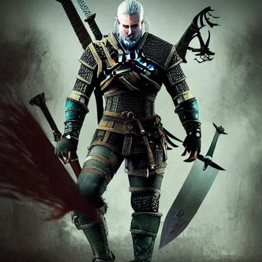 Prompt: Witcher 3 concept art of a witcher with a big beard and a Scottish claymore sword in green witcher armour