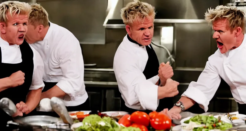 Image similar to photo of angry furious Gordon Ramsay punching Gordon Ramsay at the kitchen