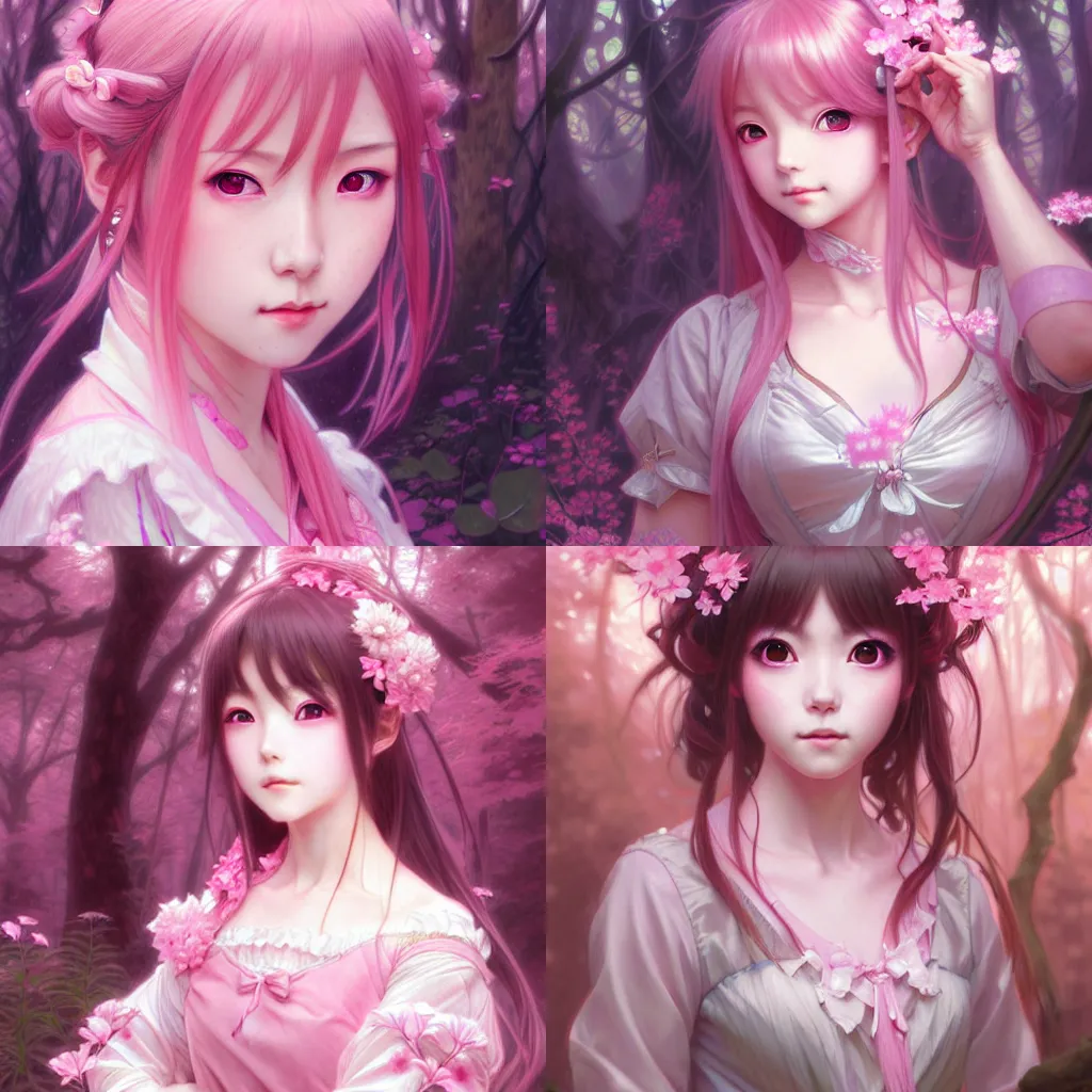 Prompt: portrait of japanese anime lolita girl, D&D, pink eyes, face, fantasy, intricate, elegant, in pink forest, highly detailed, digital painting, artstation, concept art, smooth, sharp focus, illustration, art by artgerm and greg rutkowski and alphonse mucha