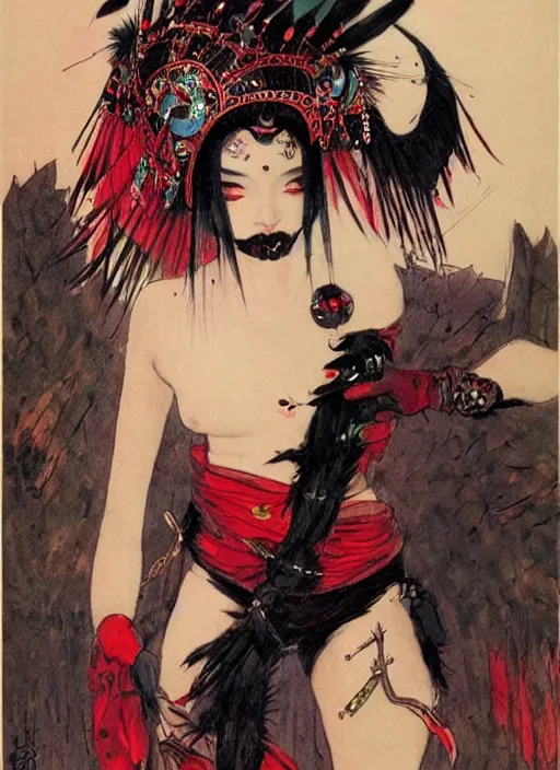 Image similar to female korean vampiress, jeweled headdress, heavy mascara, strong line, saturated color, beautiful! coherent! by frank frazetta, high contrast, minimalism