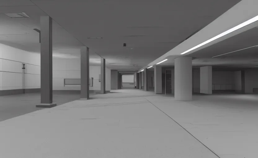 Prompt: screenshot of a first person shooter game on unreal engine 5, narrow modern hallways of a government office facility with white dry wall, photorealistic, retrofuturism