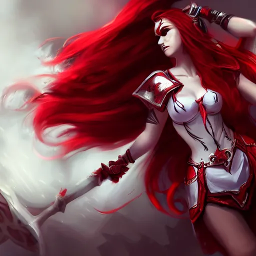 Image similar to a girl with red hair wearing red and white armor dress, white dress, arcane artwork, league of legends concept art, wallpaper