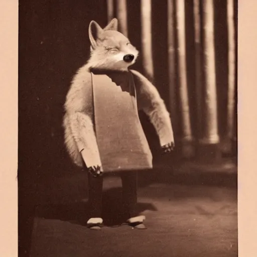 Prompt: anthropomorphic fox in a theatre play, 1920s photograph