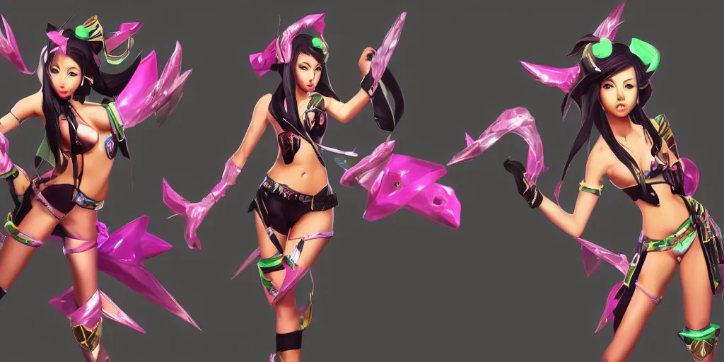 Prompt: skin concept art of pretty Arcade Akali (League of Legends) in KDA music video. 3d render, octane render, game art, realistic, highly detailed, trending on artstation, 4k, trending on artstation, pixar, cgsociety, unreal engine 5, redshift render, trending on artstation, blender, behance, cg