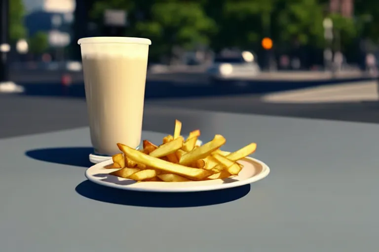 Image similar to best fries, best mayonnaise, best weather, best light, best drink. super realistic 8 k render of a elegant, cinematic composition