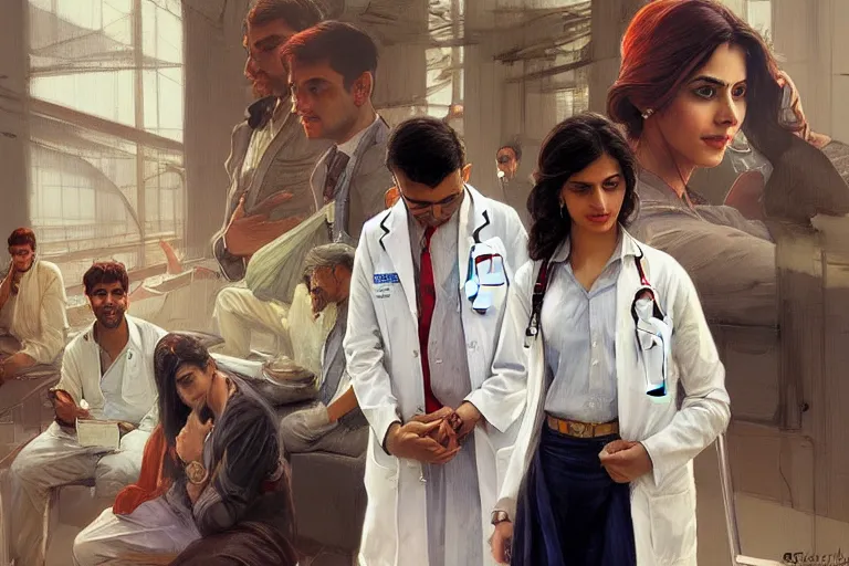 Image similar to Anxious good looking pale young Indian doctors wearing American clothes at the airport, portrait, elegant, intricate, digital painting, artstation, concept art, smooth, sharp focus, illustration, art by artgerm and greg rutkowski and alphonse mucha