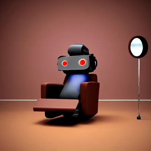 Image similar to futuristic studious matte brown and red and chrome full-body humanoid robot with two huge round expressive sad purple glowing LED eyes and open rectangular mouth sitting on a large comfortable cushioned 1950s vintage recliner reading a newspaper. open newspaper. wide Cinematic Movie Photograph, Arri Alexa, Extremely Detailed, smooth, very very clean, 8K, octane render, maya render, unreal engine, trending on artstation, DSLR, excellent composition, center frame