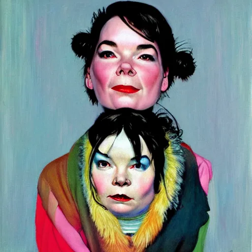 Image similar to a portrait painting of Bjork. Painted by Norman Rockwell