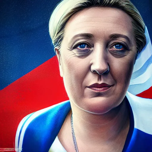 Image similar to Portrait of Marine le Pen , french flag, nationalistic, amazing splashscreen artwork, splash art, head slightly tilted, natural light, elegant, intricate, fantasy, atmospheric lighting, cinematic, matte painting, by Greg rutkowski