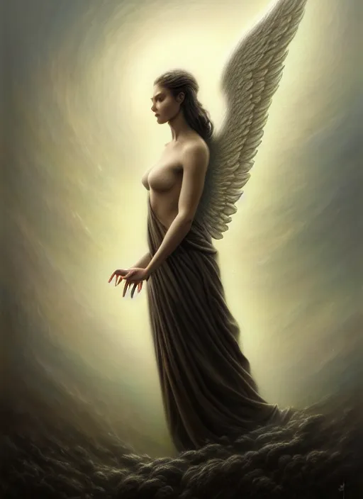 Image similar to an angel standing in front of man in rain, fine art, intricate, elegant, highly detailed, realistic hair, centered, digital painting, art station, conceptual art, soft, sharp focus, illustration, artwork, artgerm, tomasz alen kopera, peter mohrbacher, donato giancola, wlop, boris vallejo