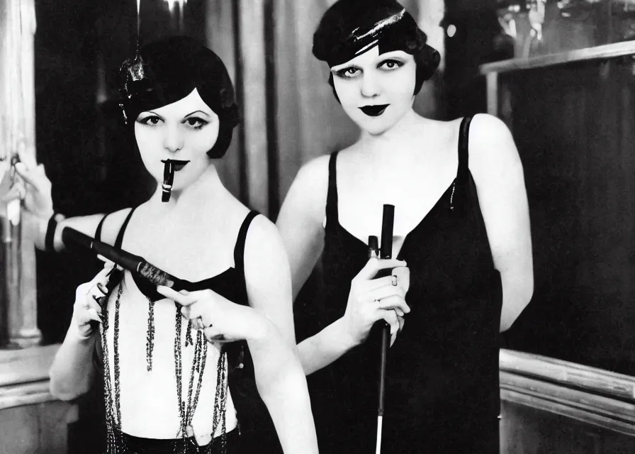 Image similar to a 1 9 2 0 s short - haired flapper woman in black satin gloves holding a long cigarette holder, smirking at the camera, at a jazz party in a dimly lit speakeasy, circa 1 9 2 4, in the style of edward hopper