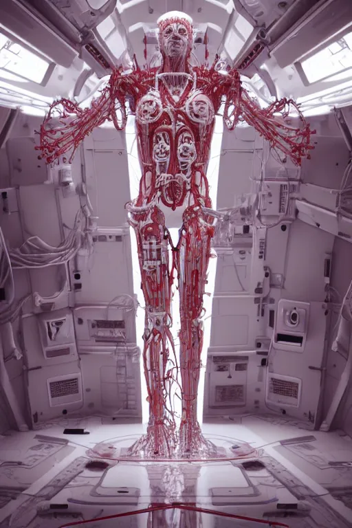 Image similar to white space station interior a statue jesus on cross made of red marble, perfect symmetrical body, full body shot, inflateble shapes, wires, tubes, veins, jellyfish, white biomechanical details, wearing epic bionic cyborg implants, masterpiece, intricate, biopunk, vogue, highly detailed, artstation, concept art, cyberpunk, octane render