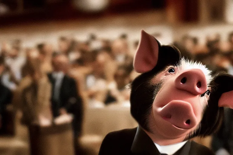 Prompt: movie scene closeup pig wearing a suit at a podium yelling. by emmanuel lubezki